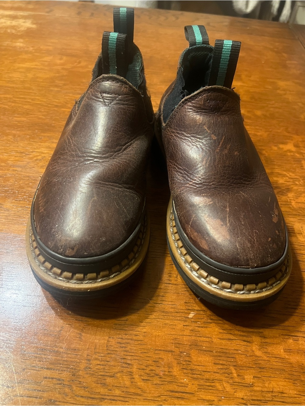 Georgia Boot Romeo’s Kids Brown Slip-On Leather with Green Accent Pull Tabs 2.5